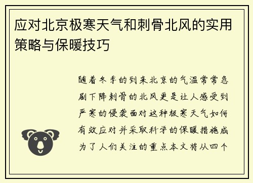 应对北京极寒天气和刺骨北风的实用策略与保暖技巧