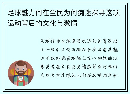 足球魅力何在全民为何痴迷探寻这项运动背后的文化与激情 足球魅力何在全民为何痴迷探寻这项运动背后的文化与激情